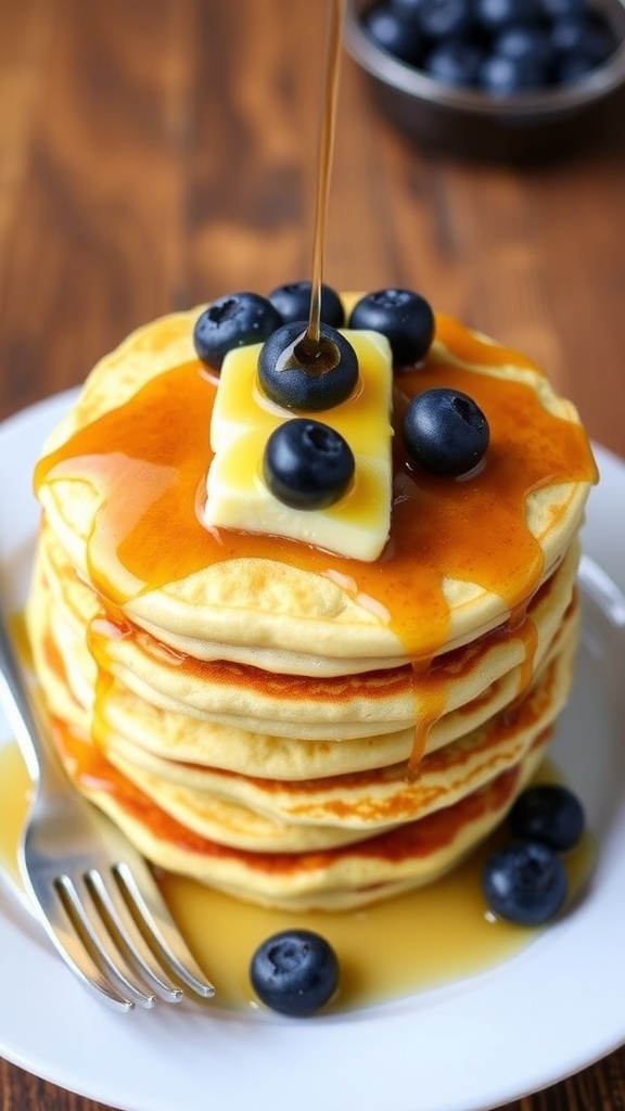 Fluffy Bisquick Pancakes Recipe A stack of fluffy Bisquick pancakes topped with blueberries and syrup on a wooden table.